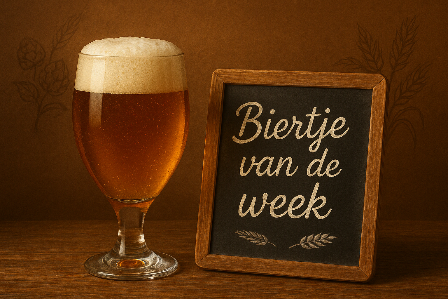 Goudkleurig bier met volle schuimkraag naast bordje 'Biertje van de week', sfeervol gepresenteerd op houten tafel