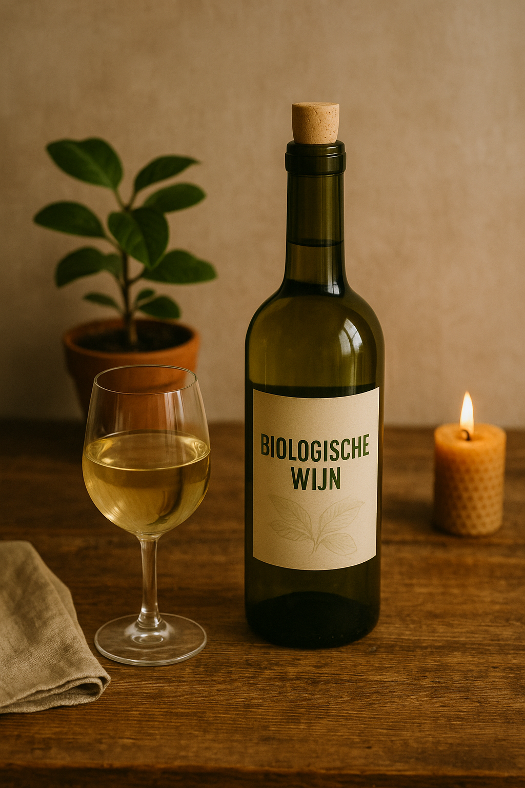fles biologische wijn met wijn glas