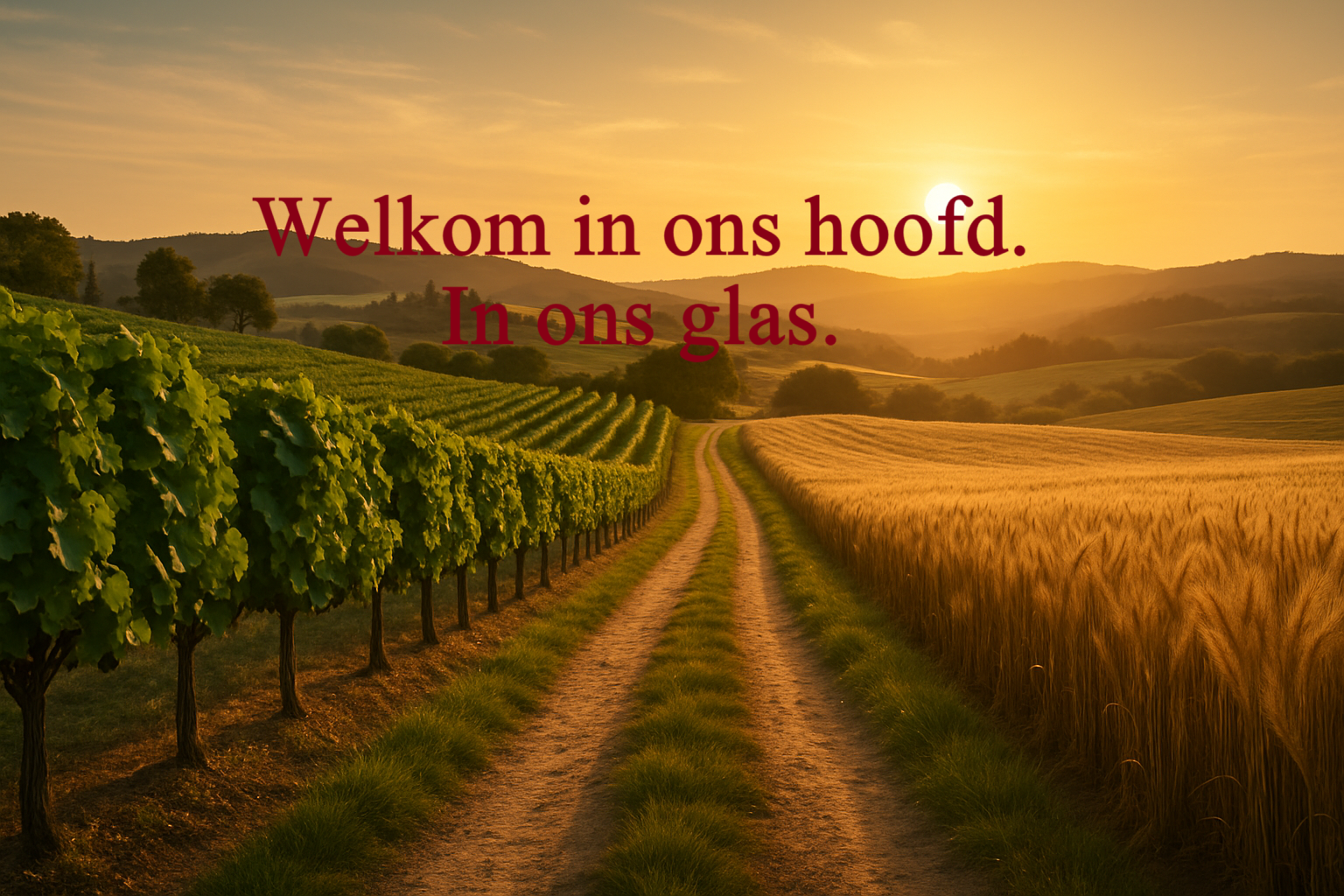 Wijn velden graan velden met tekst over wijn en bier