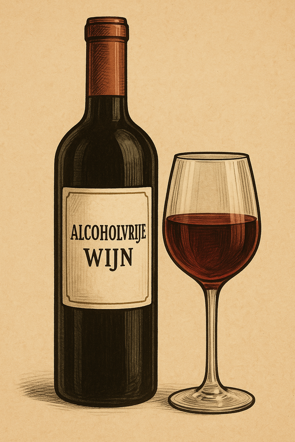 fles alcoholvrije wijn met wijn glas