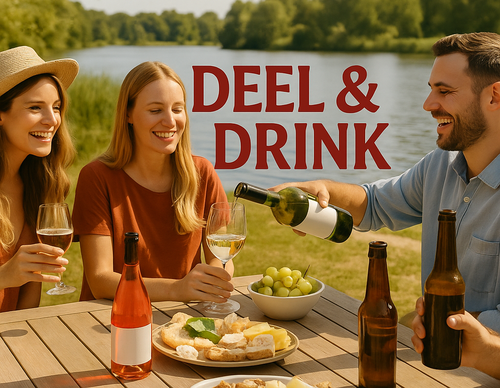 Mensen picknicken met glazen wijn en flessen wijn op tafel.