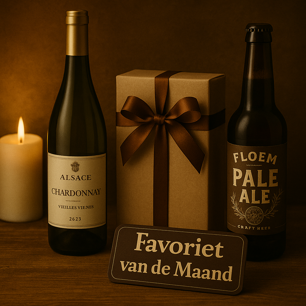 Witte wijn van Chardonnay uit Elzas Frankrijk, feestelijk gepresenteerd met kaars en cadeau als favoriet van de maand