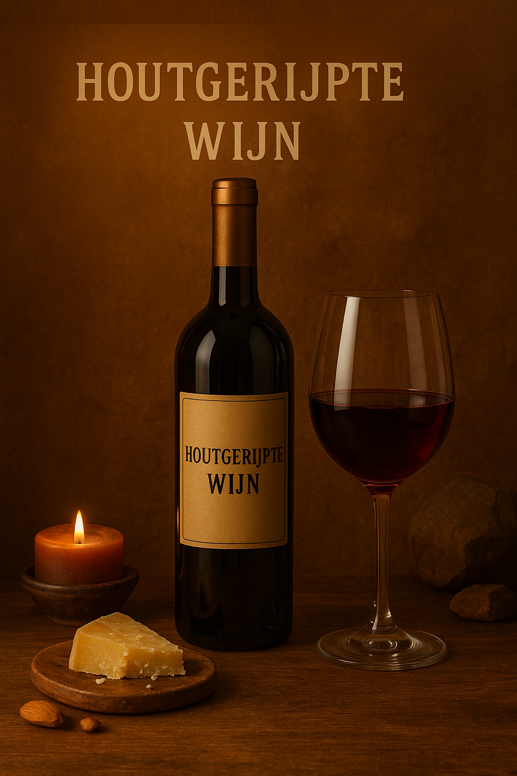 een fles houtgerijpte wijn naast een glas wijn