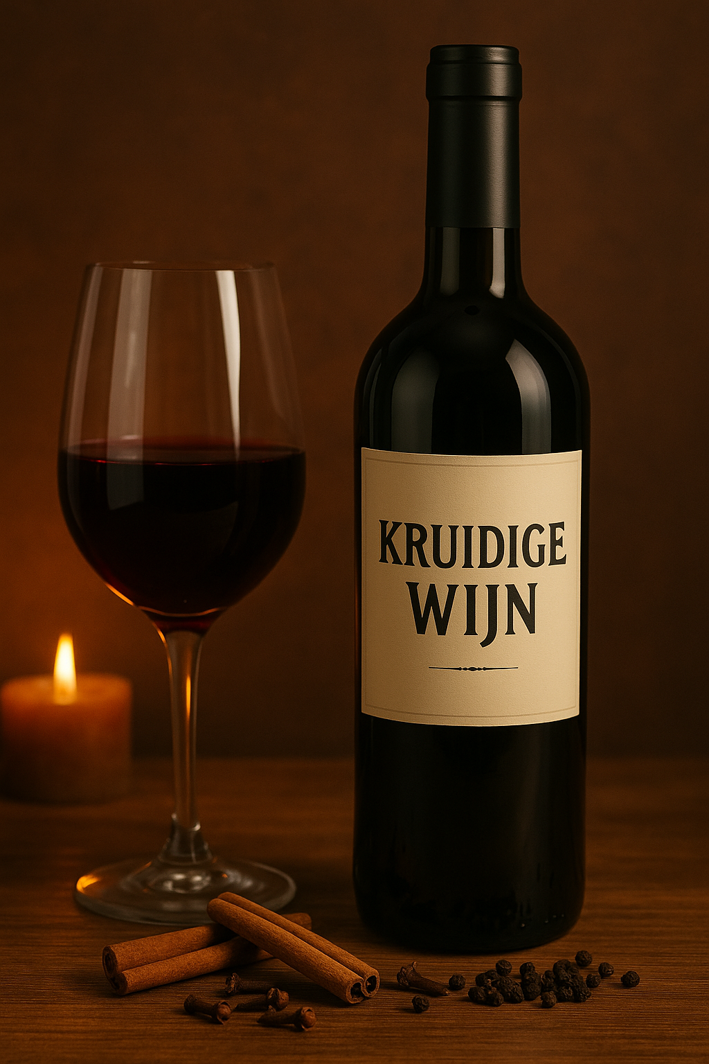 een fles kruidige wijn naast een glas wijn