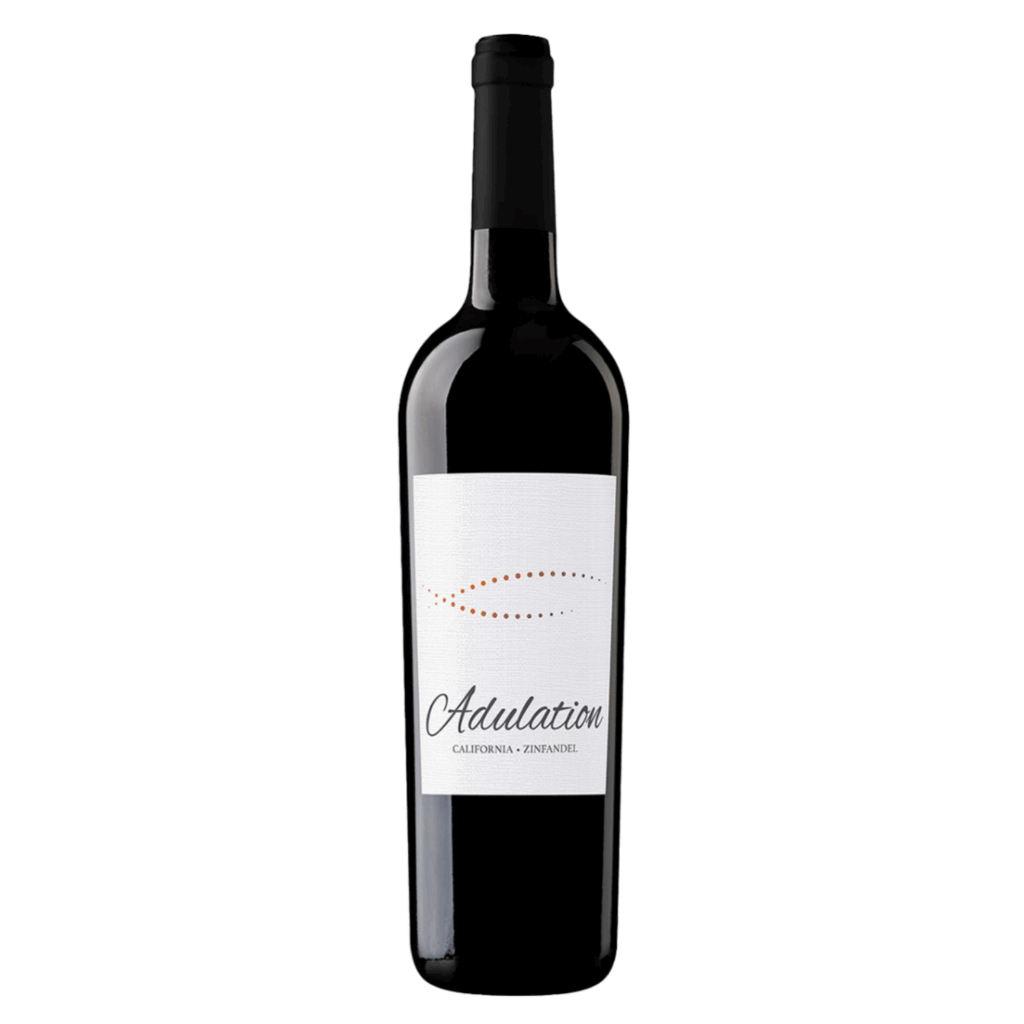 Rode wijn Zinfandel uit Californië VS met modern wit etiket en sierlijke stippenlijn, Amerikaanse wijn