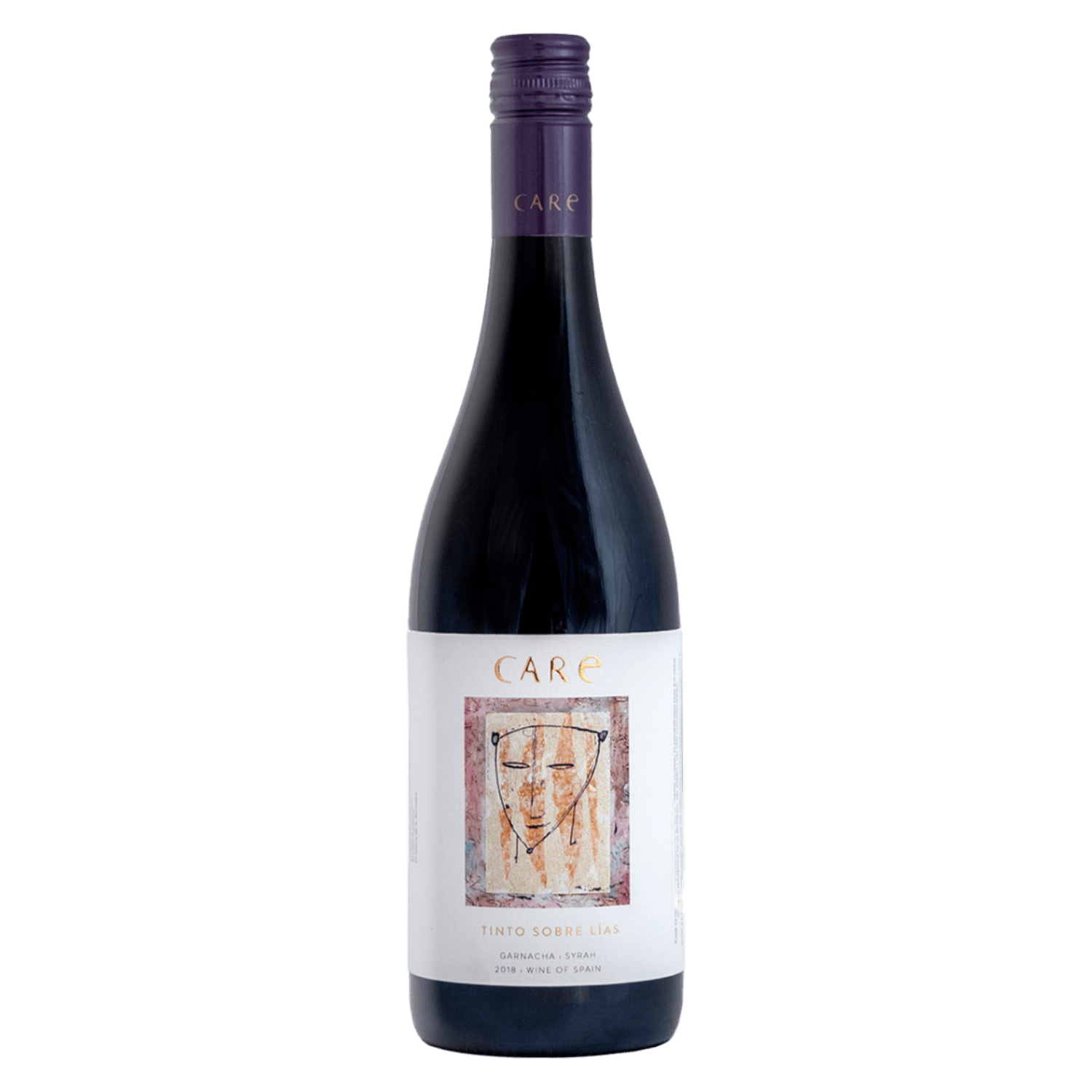 Rode wijn Garnacha Syrah uit Cariñena Spanje met modern wit etiket en abstract gezicht, Spaanse wijn