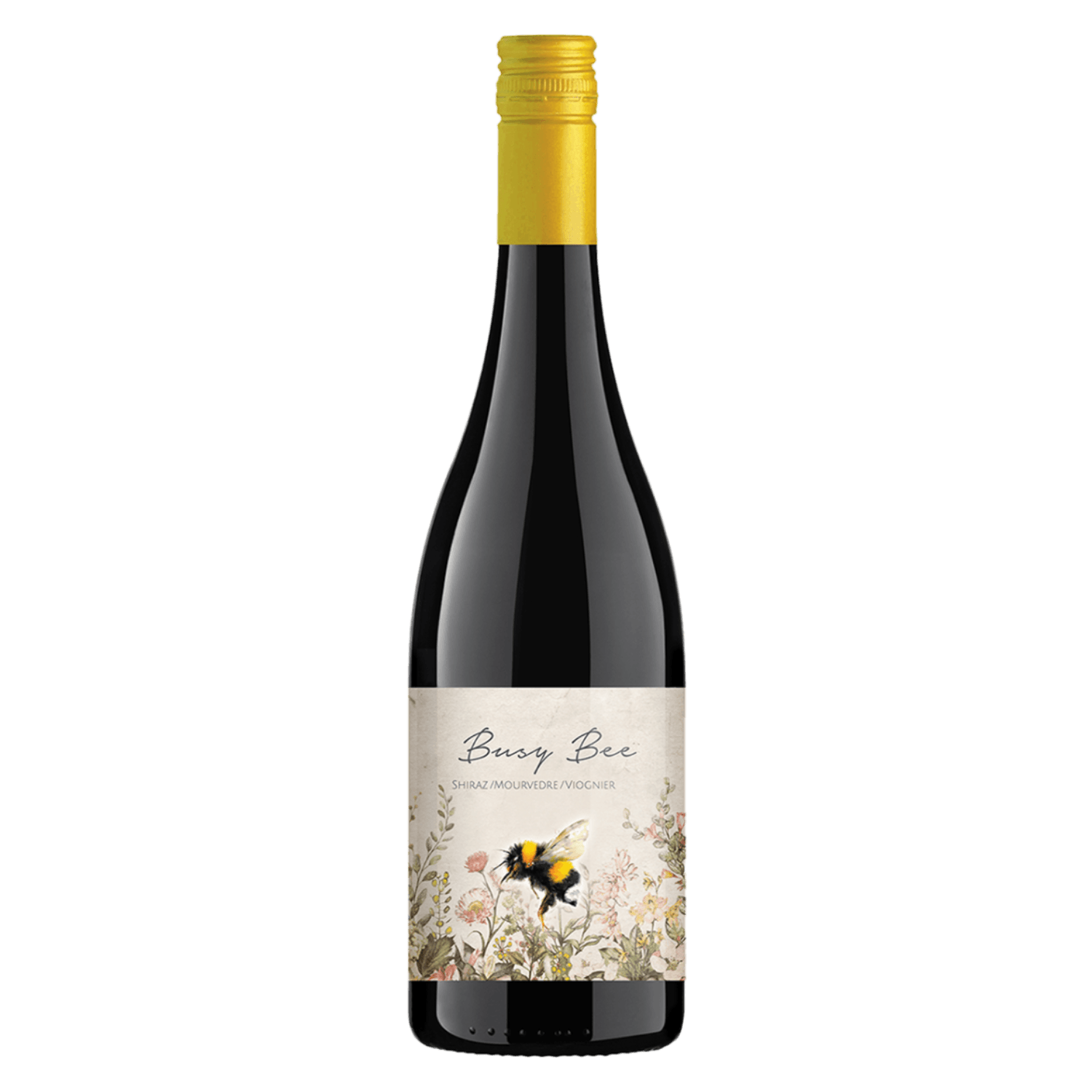 Rode wijn Shiraz Mourvèdre Viognier uit Zuid-Afrika met bloemrijk etiket en illustratie van bij, Zuid-Afrikaanse wijn