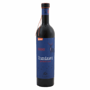 Rode wijn Primitivo uit Puglia Italië met diepblauw etiket en afbeelding van hert, Italiaanse wijn