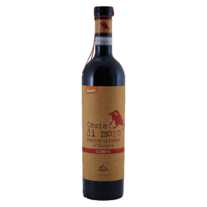 Rode wijn Montepulciano d’Abruzzo uit Italië met bruin papieren etiket en rode stier, Italiaanse wijn