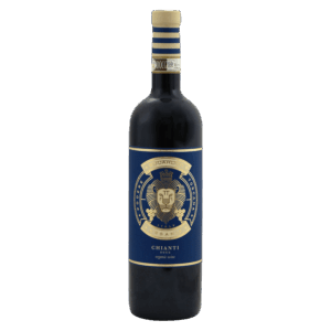 Rode wijn Chianti uit Toscane Italië met klassiek blauw etiket en gouden wapenschild, Italiaanse wijn