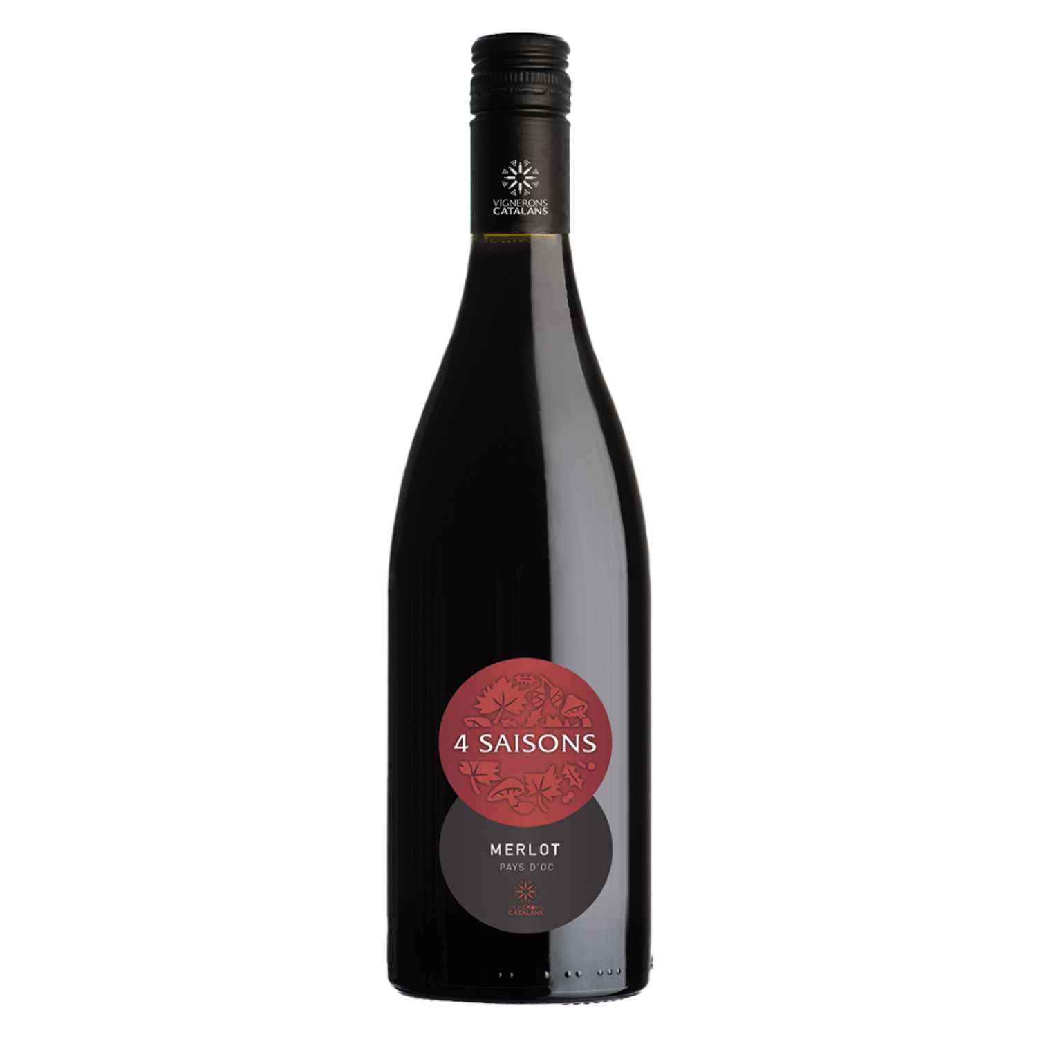 Rode wijn Merlot uit Pays d’Oc Frankrijk met modern zwart-rood etiket van 4 Saisons, Franse wijn