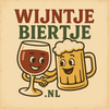 Illustratie van lachend wijnglas en bierpul die handen schudden met de tekst ‘Wijntje Biertje .nl’ erboven.