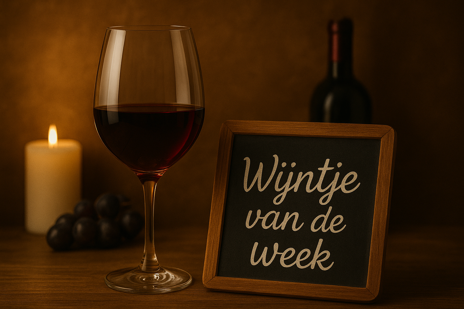 Rode wijn in glas met donkere fles op de achtergrond, sfeervolle wijn promotie met kaars en bord 'Wijntje van de week'
