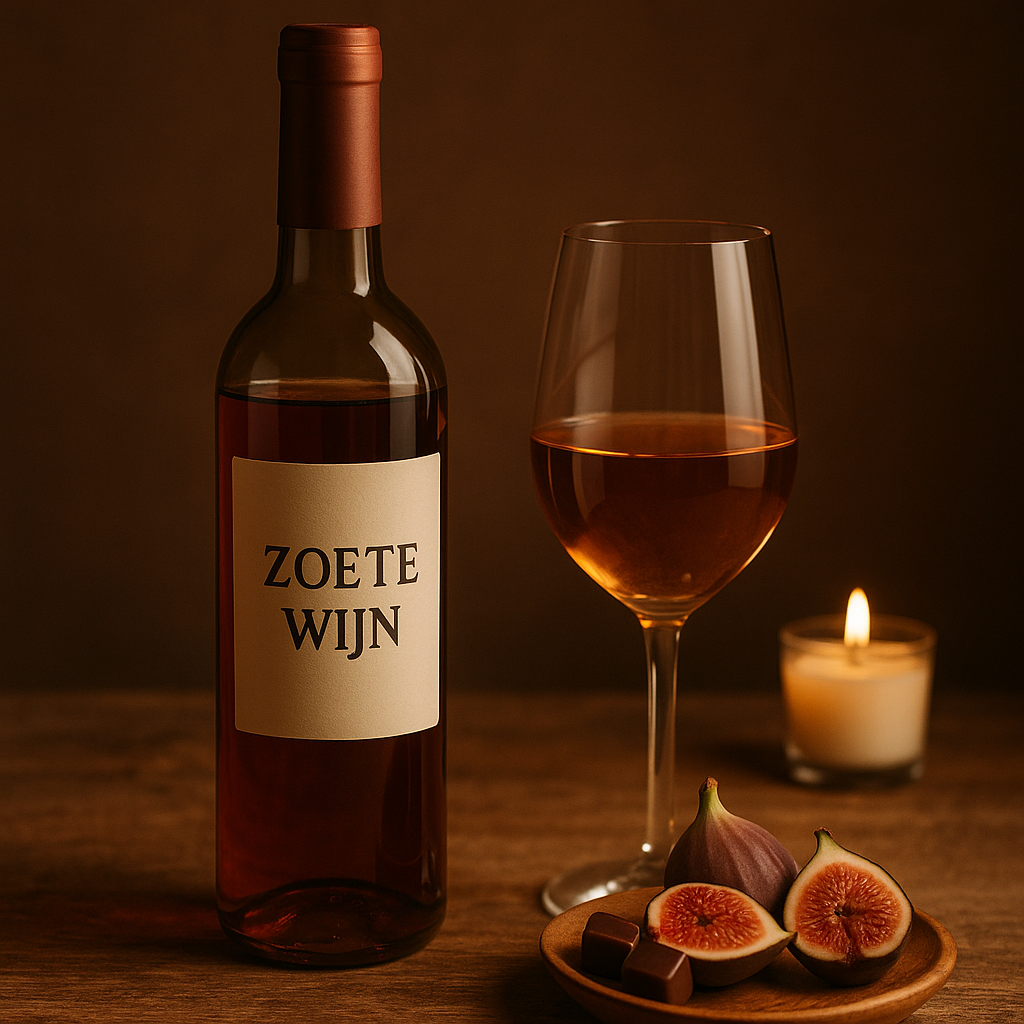 een fles zoete wijn naast een glas wijn