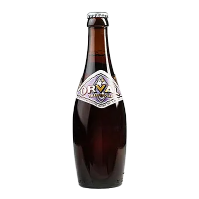 Donkerbruin flesje Orval Trappist bier met herkenbaar diamantvormig etiket en zilverkleurige kroonkurk