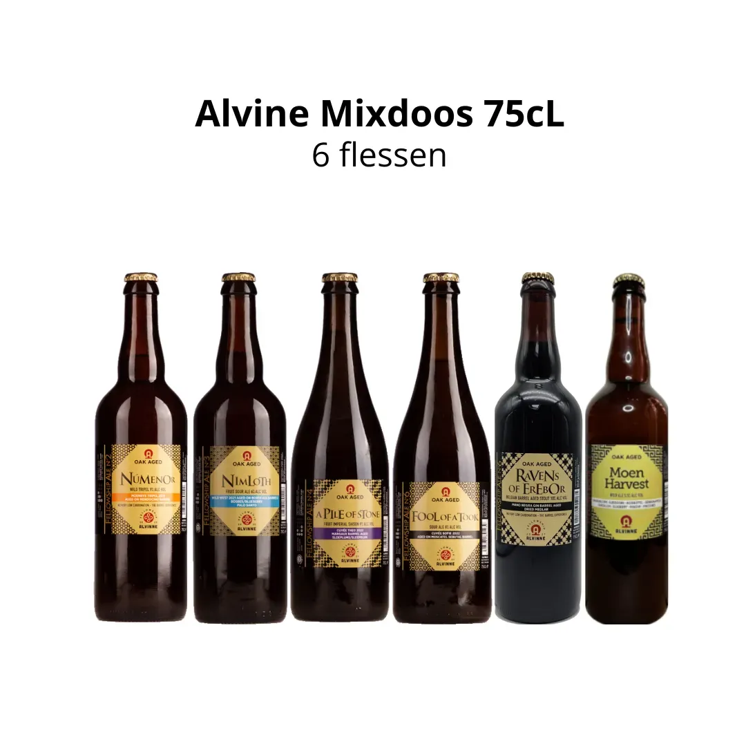 Set van 6 flessen Alvine bier van 75cl met verschillende etiketten, oak aged speciaalbier in mixdoos