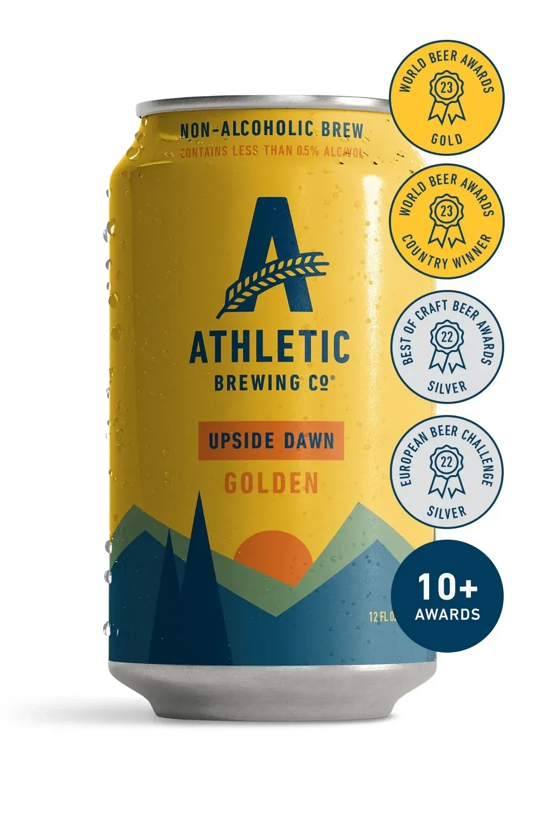 Upside Dawn bier van Athletic Brewing – alcoholvrij golden bier in geel blik met bergen, zon en prijsstickers.