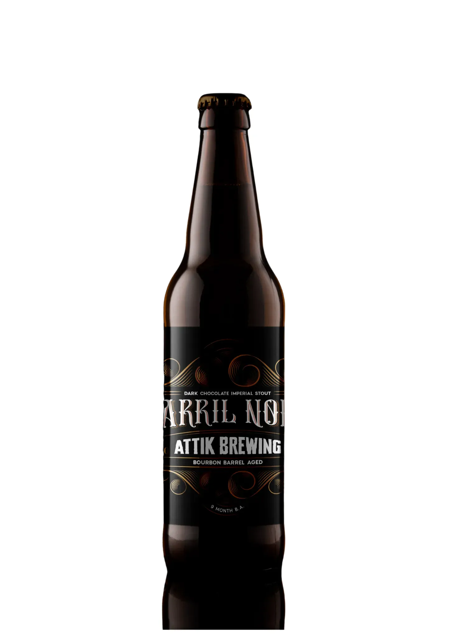 Barril Noir bier – zwarte fles met goud sierlabel van Attik Brewing, dark chocolate stout gerijpt op bourbon barrels bier.