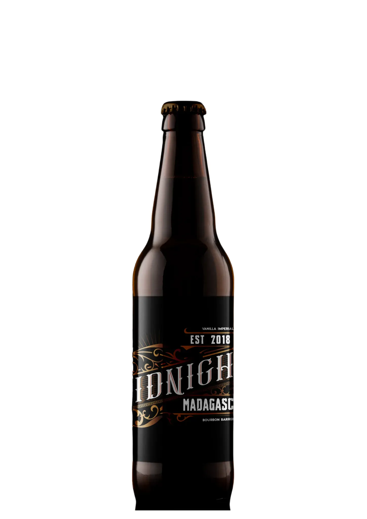 Midnight Madagascar bier – zwarte fles met sierlijk label, vanilla imperial stout gerijpt op bourbon barrels bier.