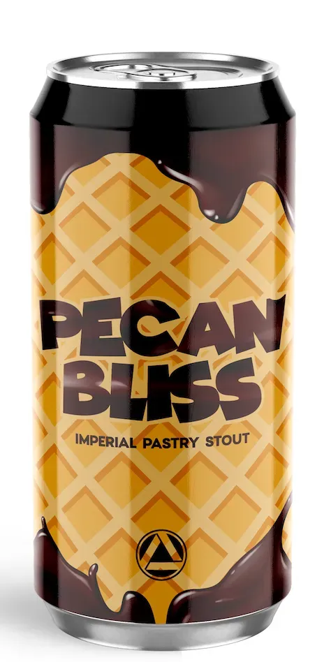 Blik Pecan Bliss bier van Attik Brewing, imperial pastry stout met wafelpatroon en druipende chocolade