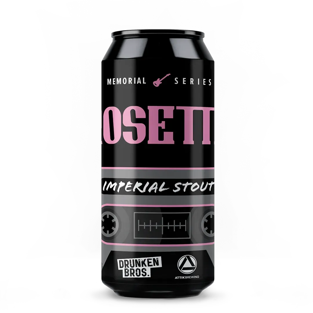 Blik Rosetti bier van Drunken Bros en Attik Brewing, zwarte imperial stout met retro cassette-design