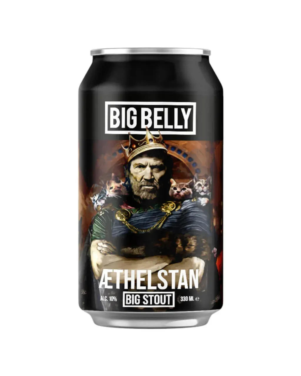 Blik Æthelstan bier van Big Belly Brewing, krachtige stout van 10% met koning en katten op het etiket