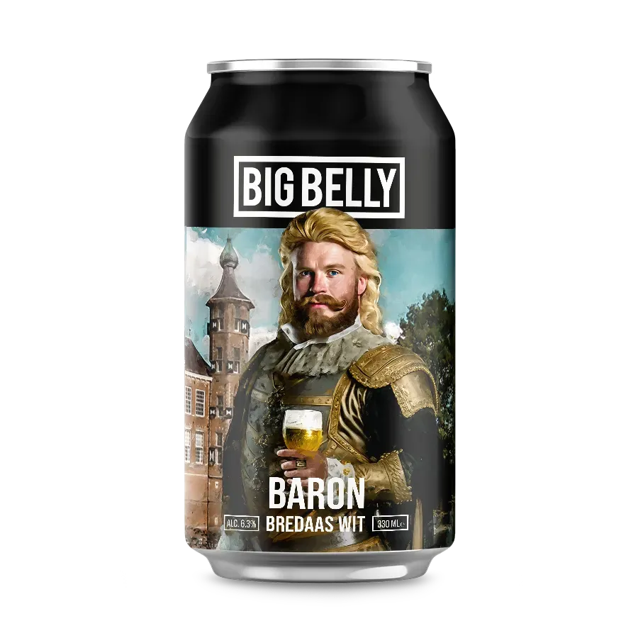 Zwart blikje bier van Big Belly met ridderfiguur die een glas witbier vasthoudt. Breda’s trots. Stoer en doordrinkbaar bier.