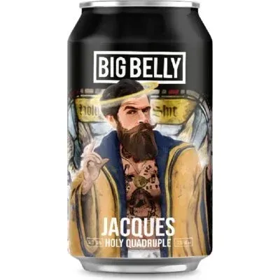 Big Belly bier blik Jacques Holy Quadrupel bier met illustratie van bebaarde man in gewaad en tattoo’s voor glas-in-lood