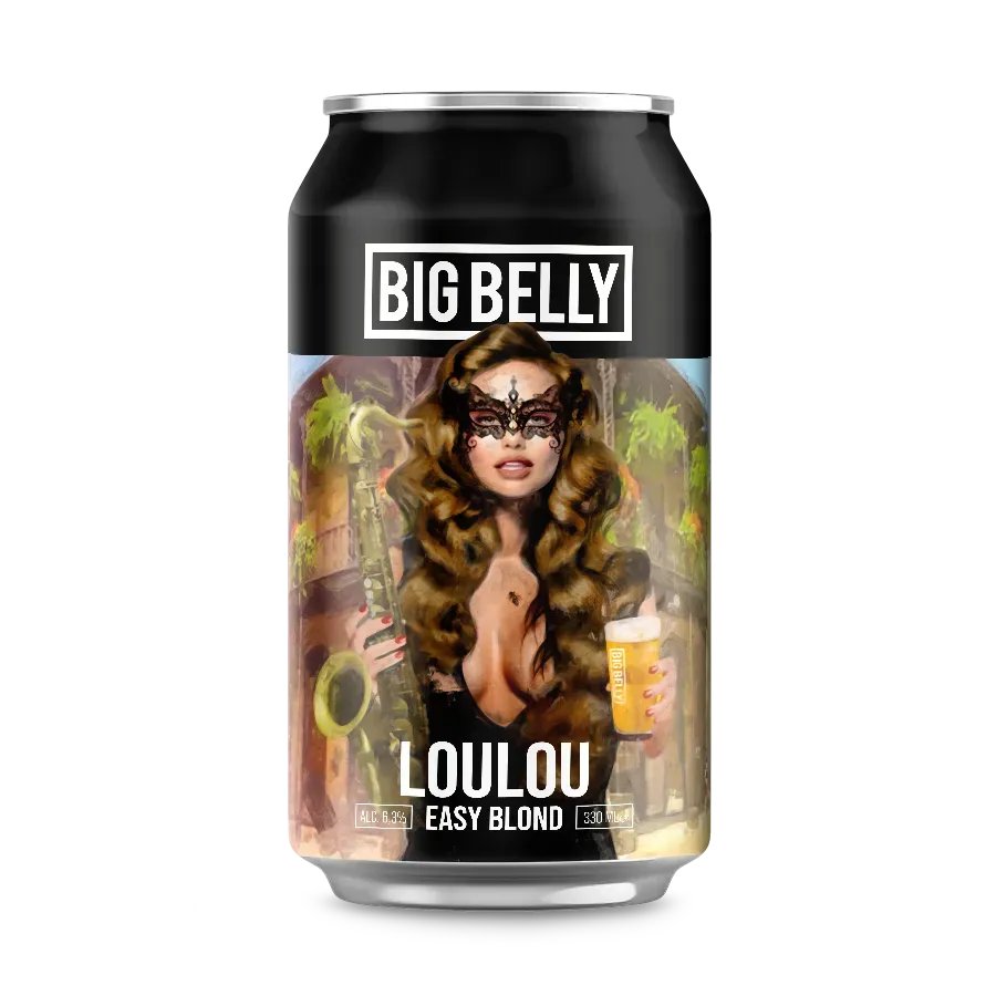 Loulou Easy Blond bier in blik van Big Belly, met vrouw in masker en een glas blond bier in haar hand.