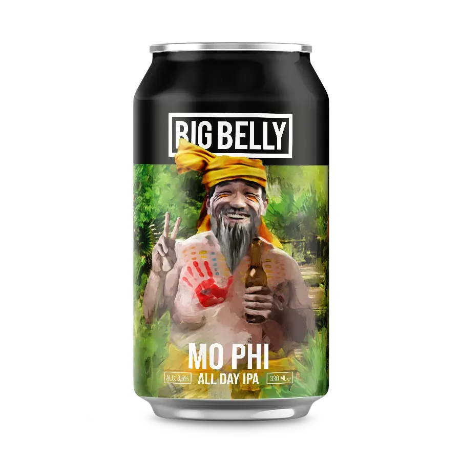 Groen blik Mo Phi bier van Big Belly met kleurrijke figuur en jungle, All Day IPA met 3,6% alcohol en speels bier karakter.