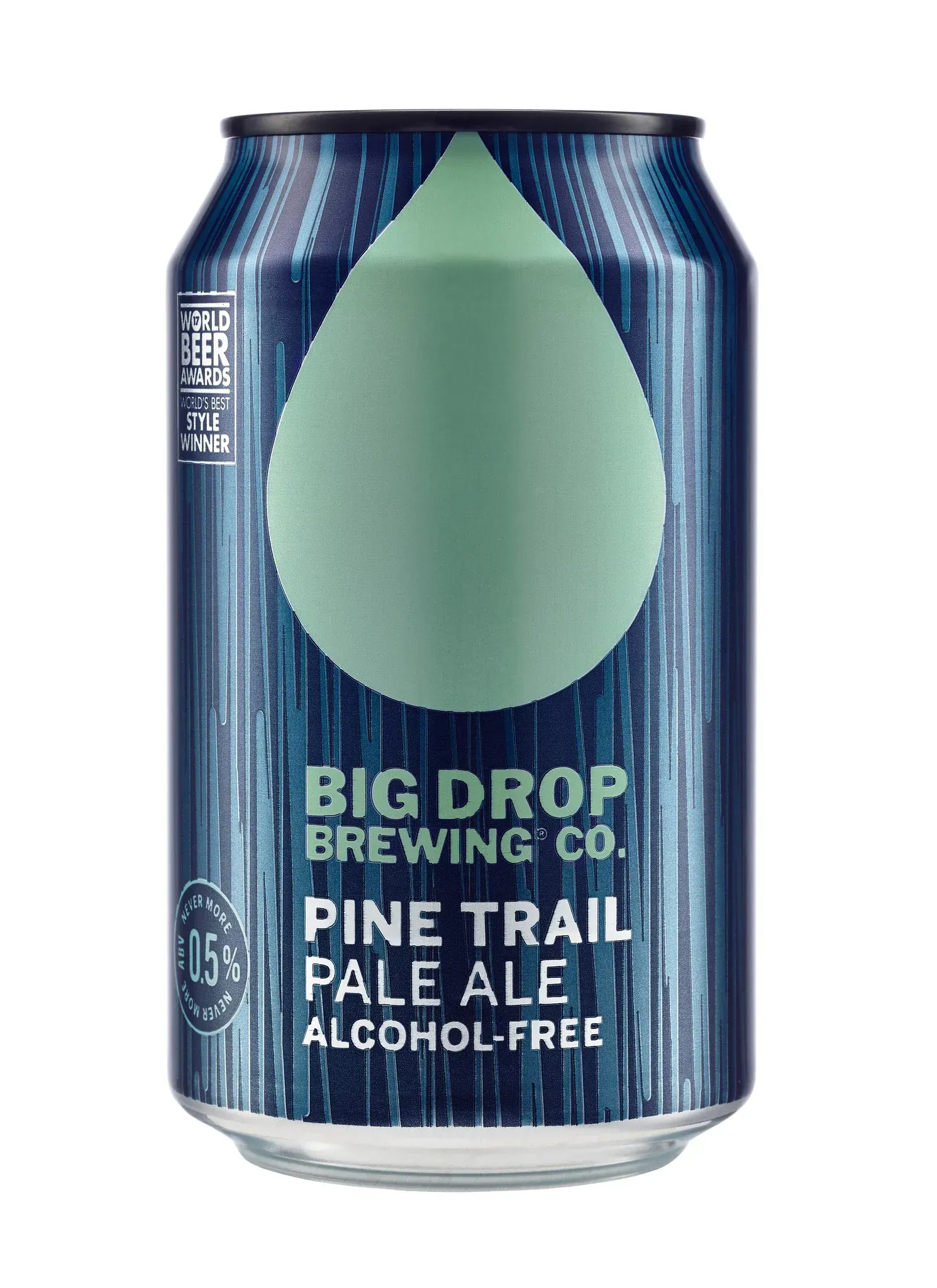 Pine Trail bier van Big Drop Brewing – alcoholvrije pale ale in blauw bier blik met druppelvorm en frisse dennenachtige stijl