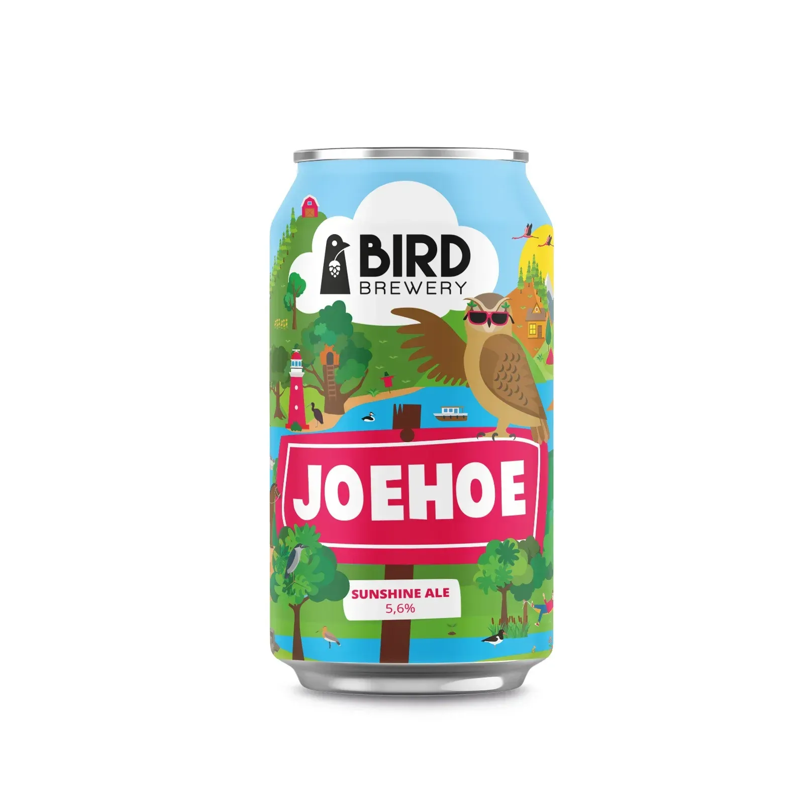 Joehoe Sunshine Ale bier van Bird Brewery in zomers bier blik met uil en natuurillustratie – fris en zonnig speciaalbier