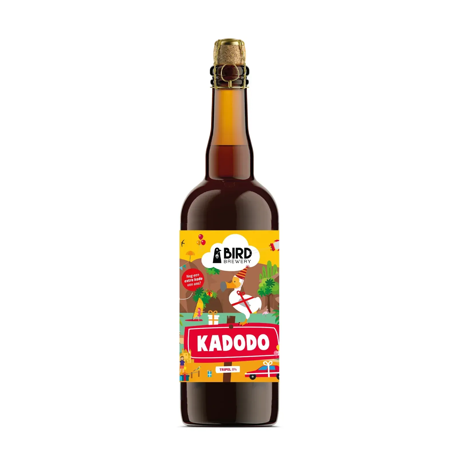 Fles Kadodo tripel bier van Bird Brewery met feestelijk etiket vol kleurrijke illustraties en tropische sfeer.