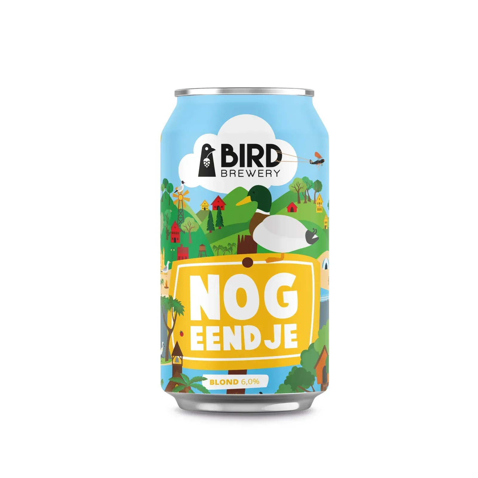 Blik blond bier van Bird Brewery met illustraties van een eend, bomen en huisjes; op het blik staat de tekst "Nog Eendje"