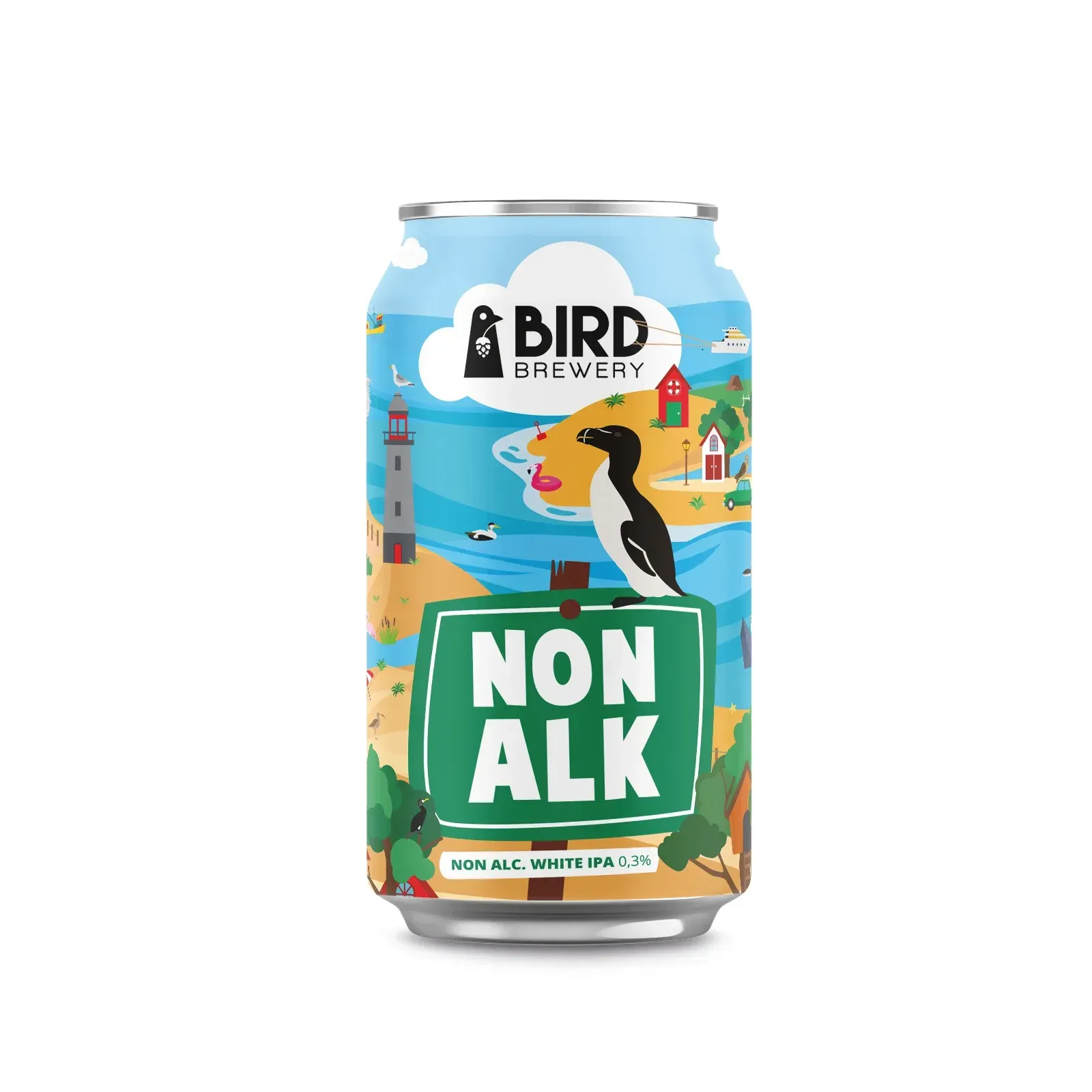 Non Alk White IPA bier van Bird Brewery – alcoholarm witbier met frisse hop en speels blikdesign vol vogels