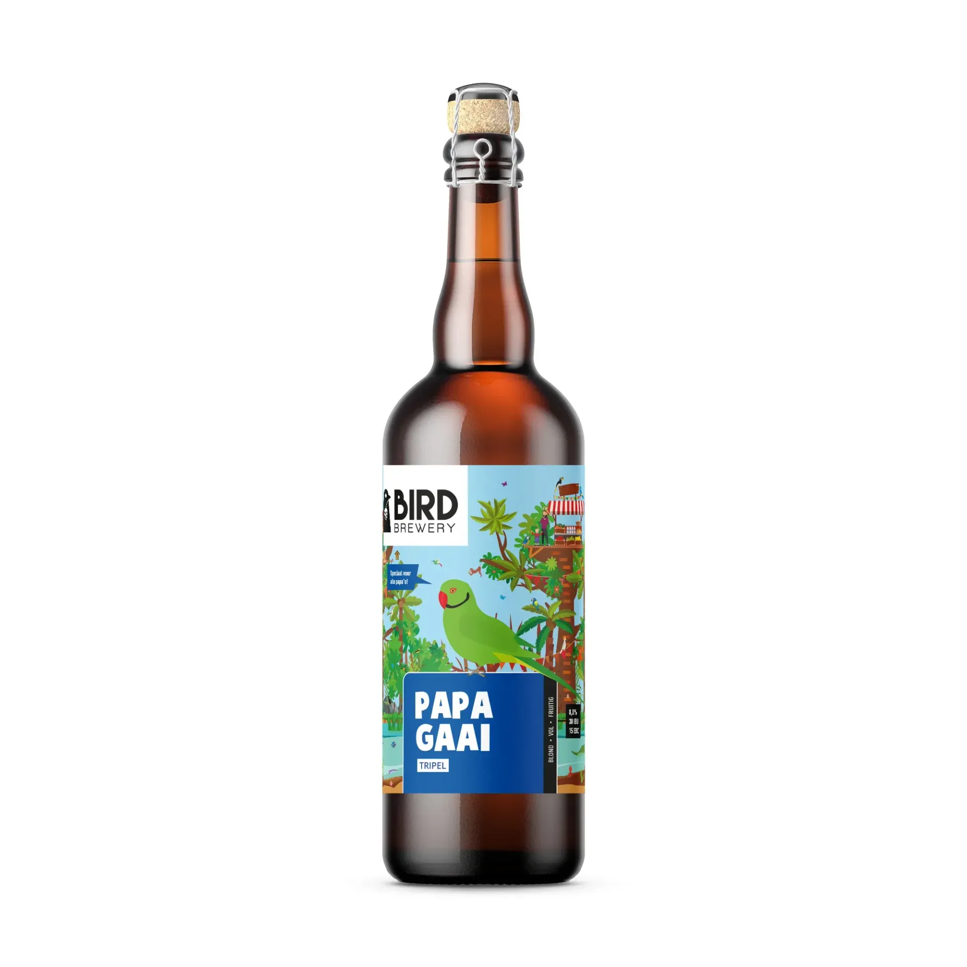 Fles tripel bier van Bird Brewery met kleurrijk etiket vol tropische planten en een groene papegaai op de voorgrond