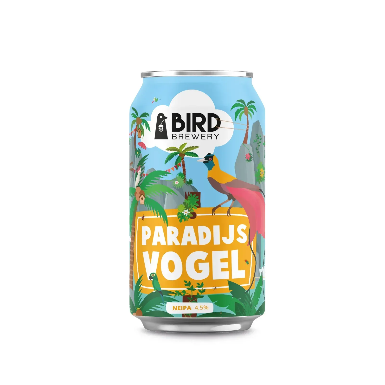 Kleurrijk blik Paradijsvogel NEIPA bier van Bird Brewery, tropische vogels, palmbomen en frisse bier stijl vol fruit.