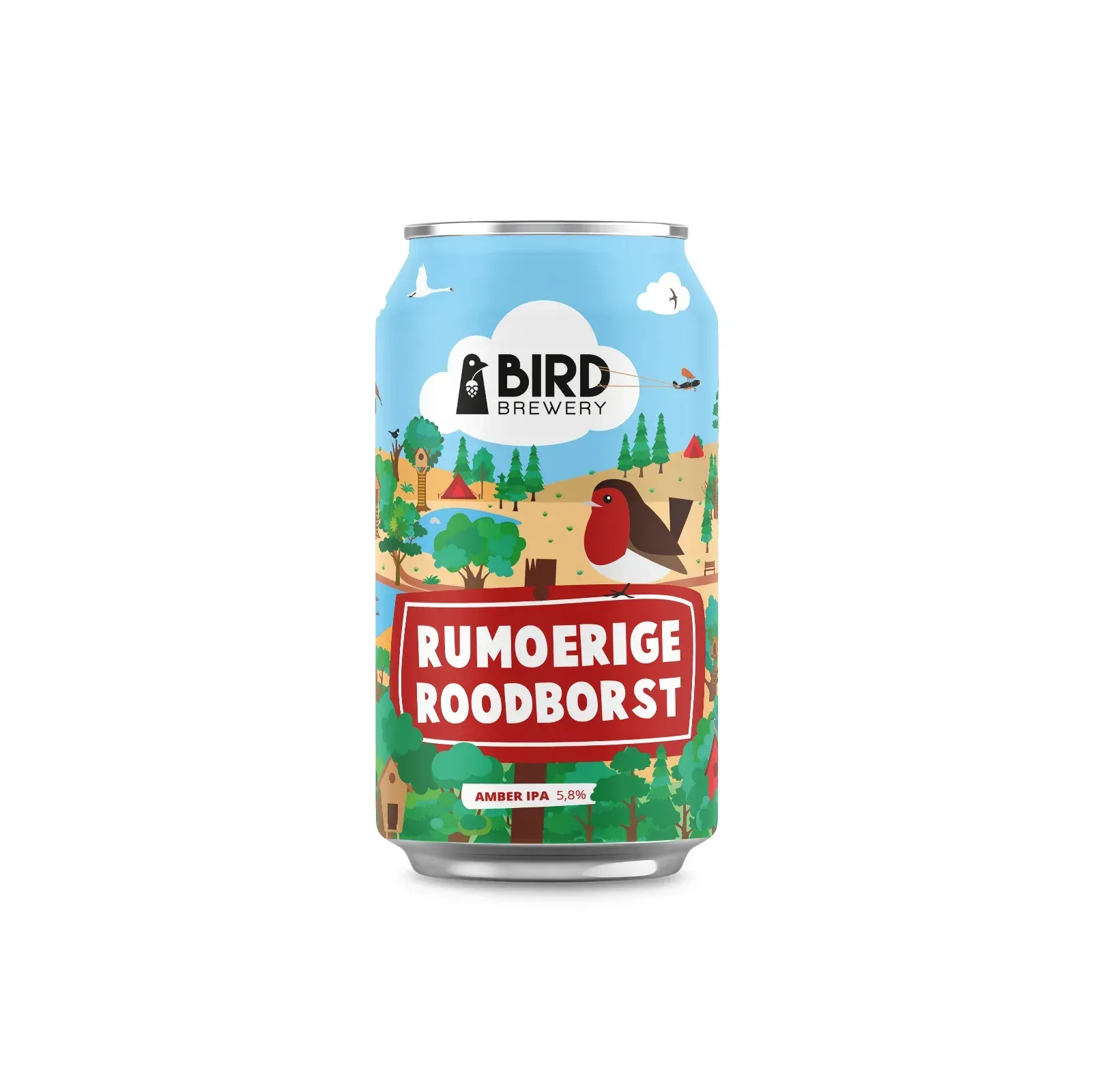 Rumoerige Roodborst bier van Bird Brewery amberkleurige IPA in vrolijk bier blik met roodborstje en kleurrijk natuurlandschap