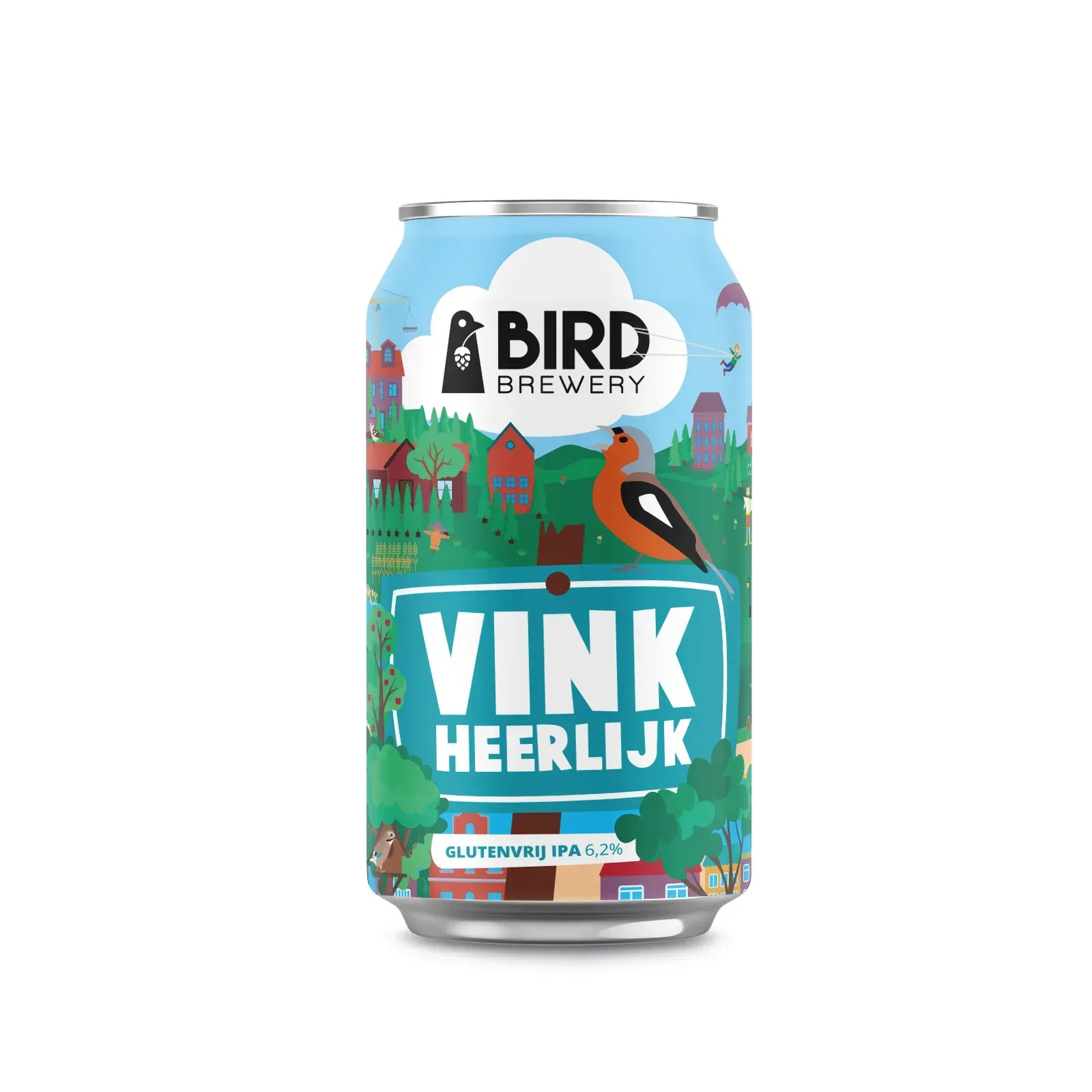 Lichtblauw bier blik van Bird Brewery met vink in landschap vol bomen en huizen – Vink Heerlijk is een glutenvrije IPA bier.
