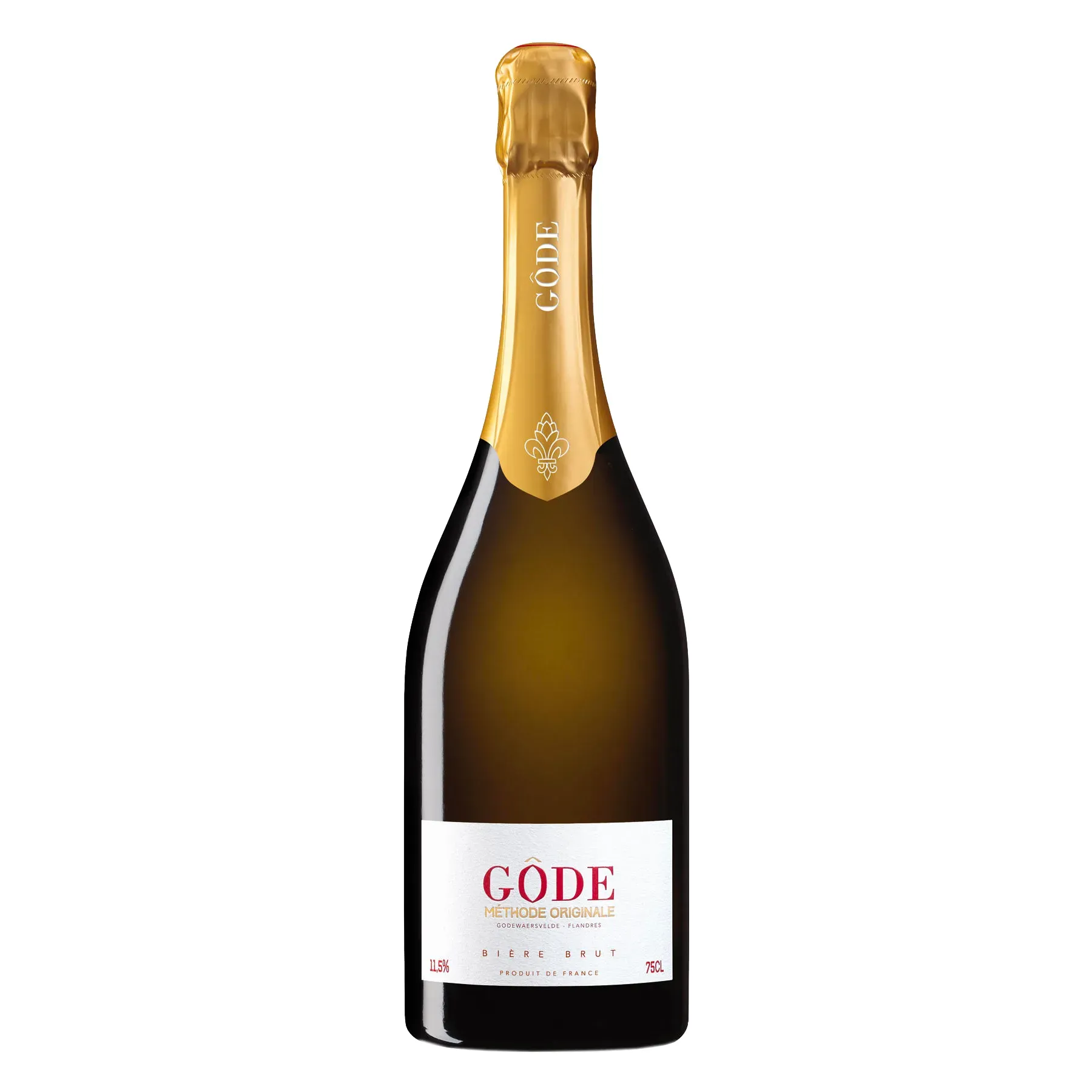 Fles Gôde Bière Brut met goudkleurige hals en wit etiket, Franse mousserende bierstijl in champagnefles