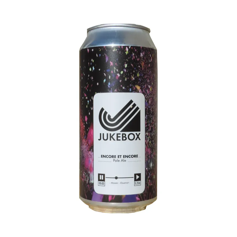 Encore et Encore Pale Ale bier van Jukebox in feestelijk bier blik met zwart-paars design en muziekspeler icoontjes