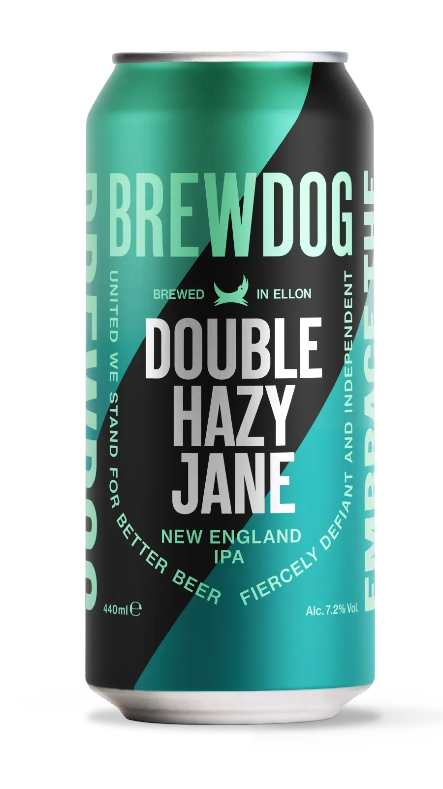Zwart-groen blik Double Hazy Jane bier van BrewDog, krachtige New England IPA met 7,2% alcohol, intens mistig bier karakter.