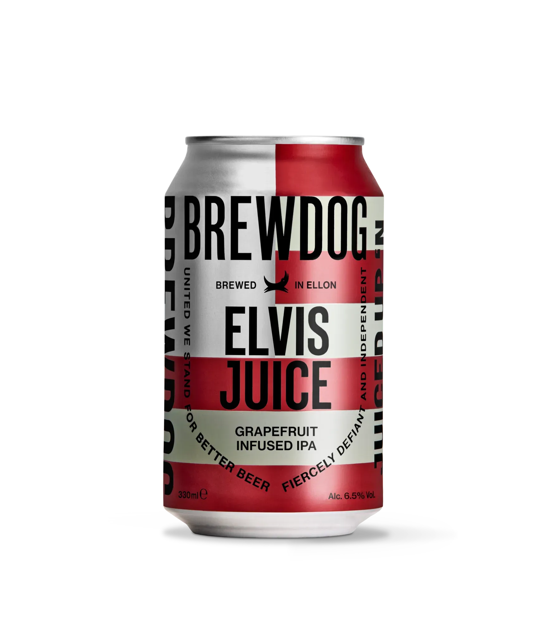Zilver-rood blik BrewDog Elvis Juice bier met zwarte tekst; grapefruit  IPA bier met 6,5% alcohol en een rebelse uitstraling.