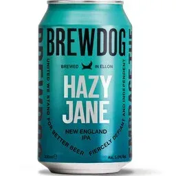 Turquoise bier blikje van BrewDog met de naam Hazy Jane, New England IPA bier met moderne typografie en heldere stijl