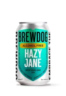 Blik BrewDog Hazy Jane alcoholvrij bier (0,5%), New England IPA bier in turquoise-zilveren design met grote zwarte letters