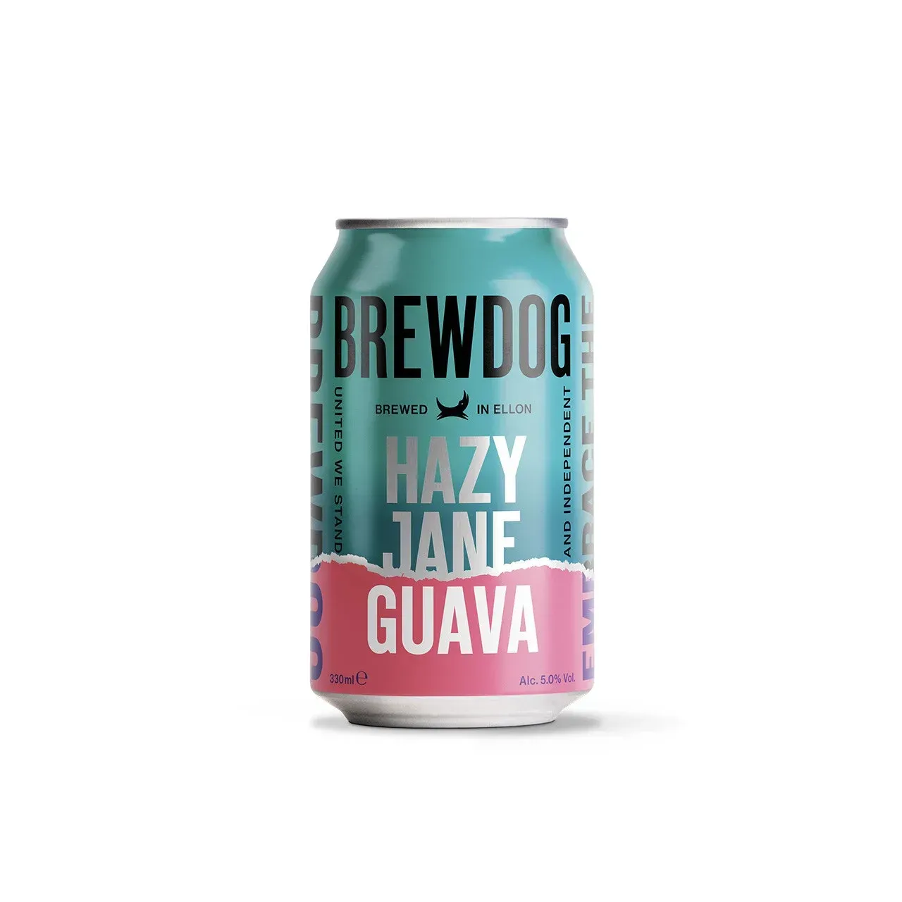 Turquoise-roze blik Hazy Jane Guava bier van BrewDog met tropische twist, fruitige stijl en zachte NEIPA  body.