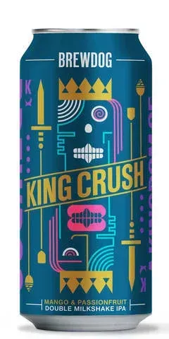 Blauw blik King Crush bier van BrewDog met grafisch design, tropische Double Milkshake IPA met  passievrucht bier profiel.