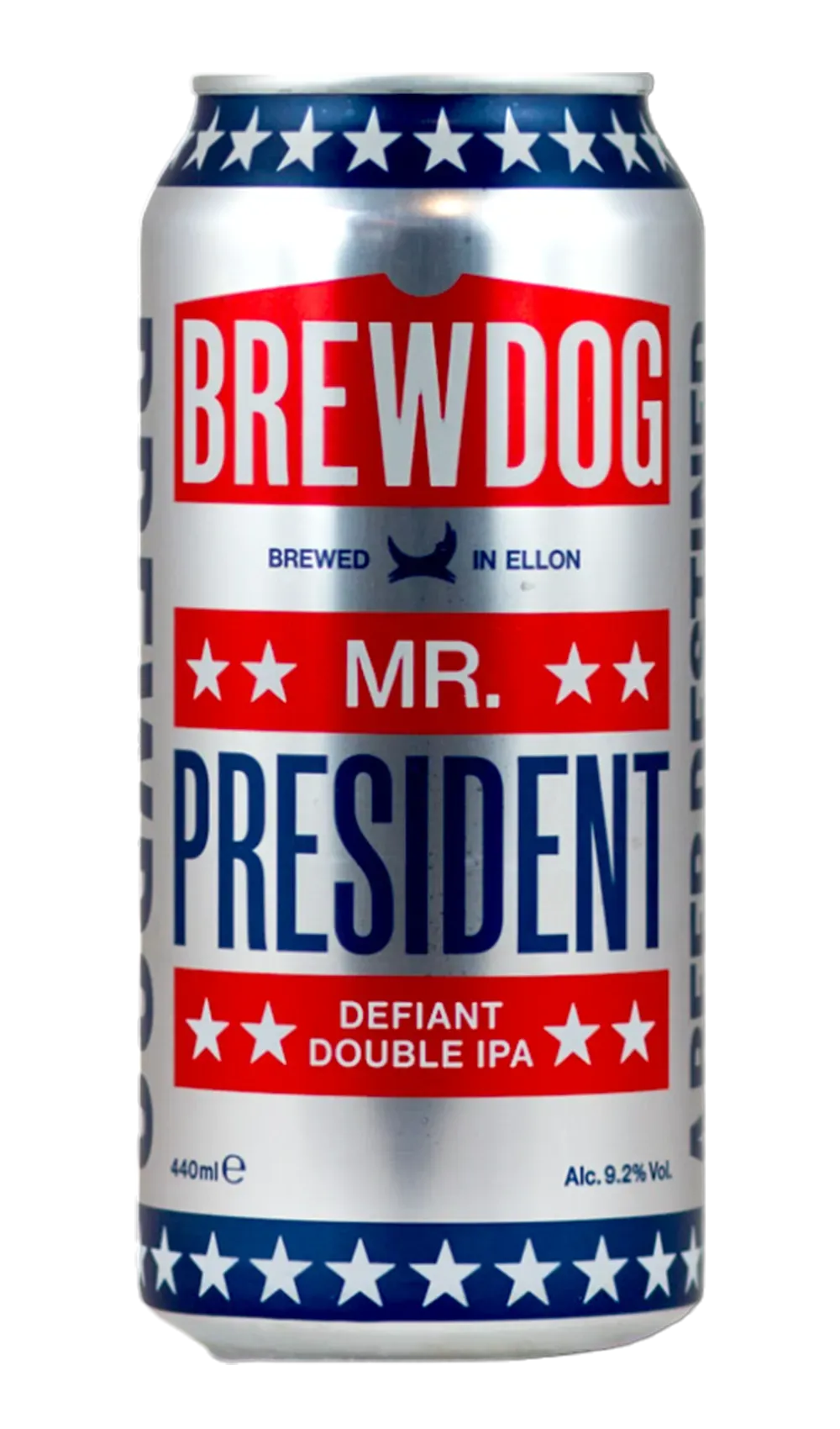 Zilver-rood blik Mr. President bier van BrewDog, Amerikaanse stijl Double IPA met 9,2% alcohol en uitgesproken bier karakter.