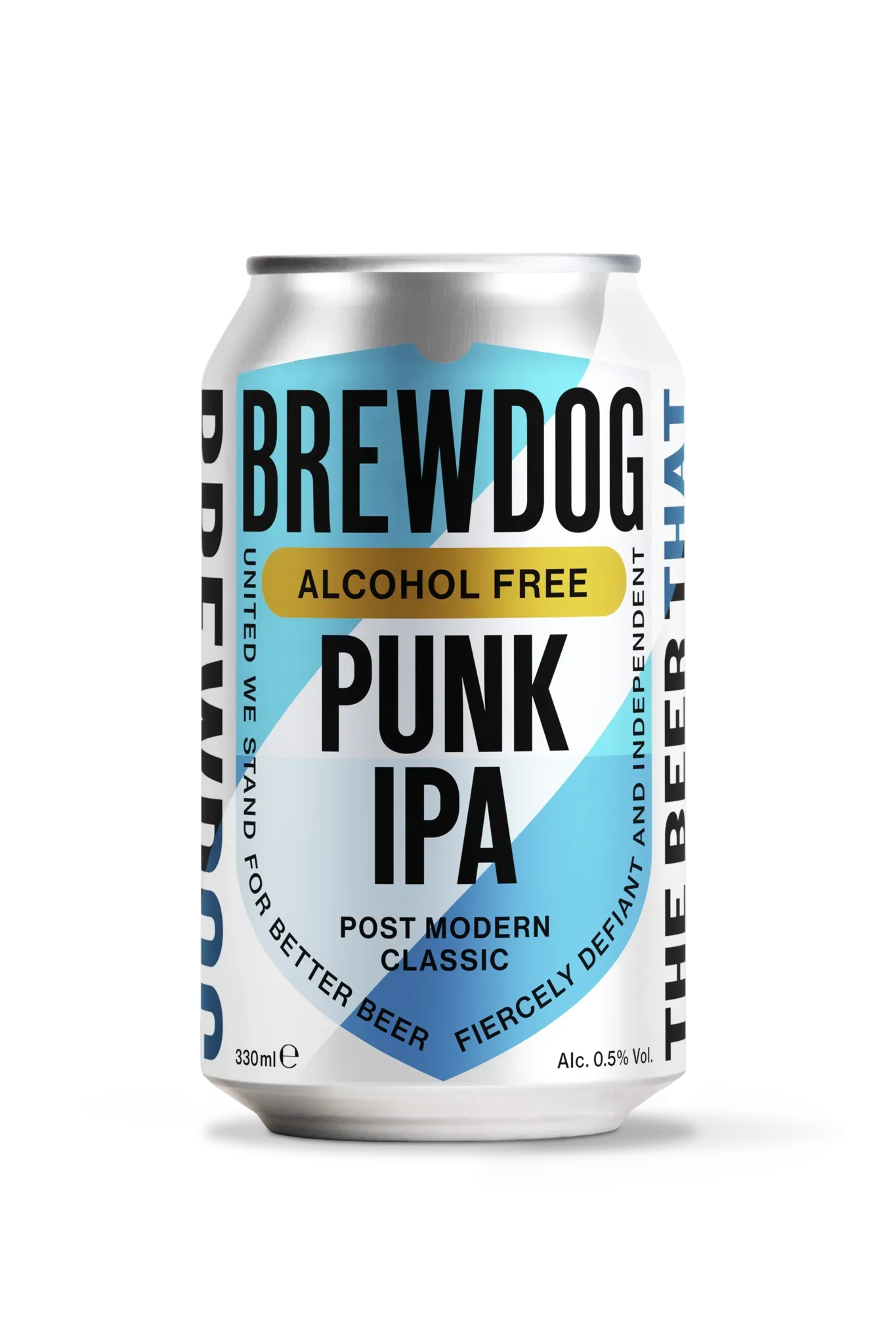 Blik BrewDog Punk IPA Alcohol Free bier met blauw-wit design, alcoholvrij bier met 0,5% vol en postmodern karakter