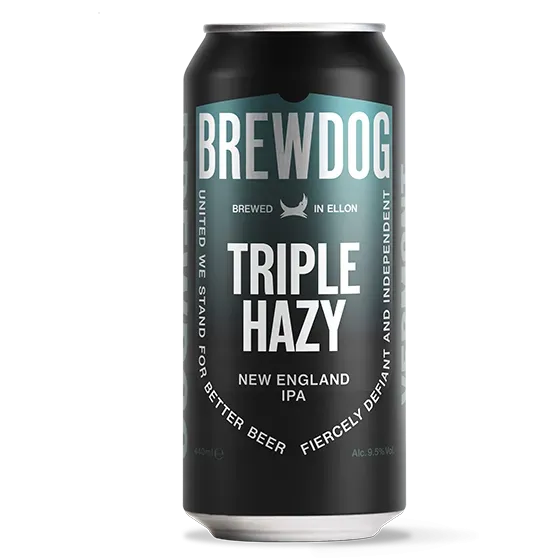 Zwart-blauw blik Triple Hazy bier van BrewDog, krachtige New England IPA met 9,5% alcohol en fruitig, mistig bier karakter.
